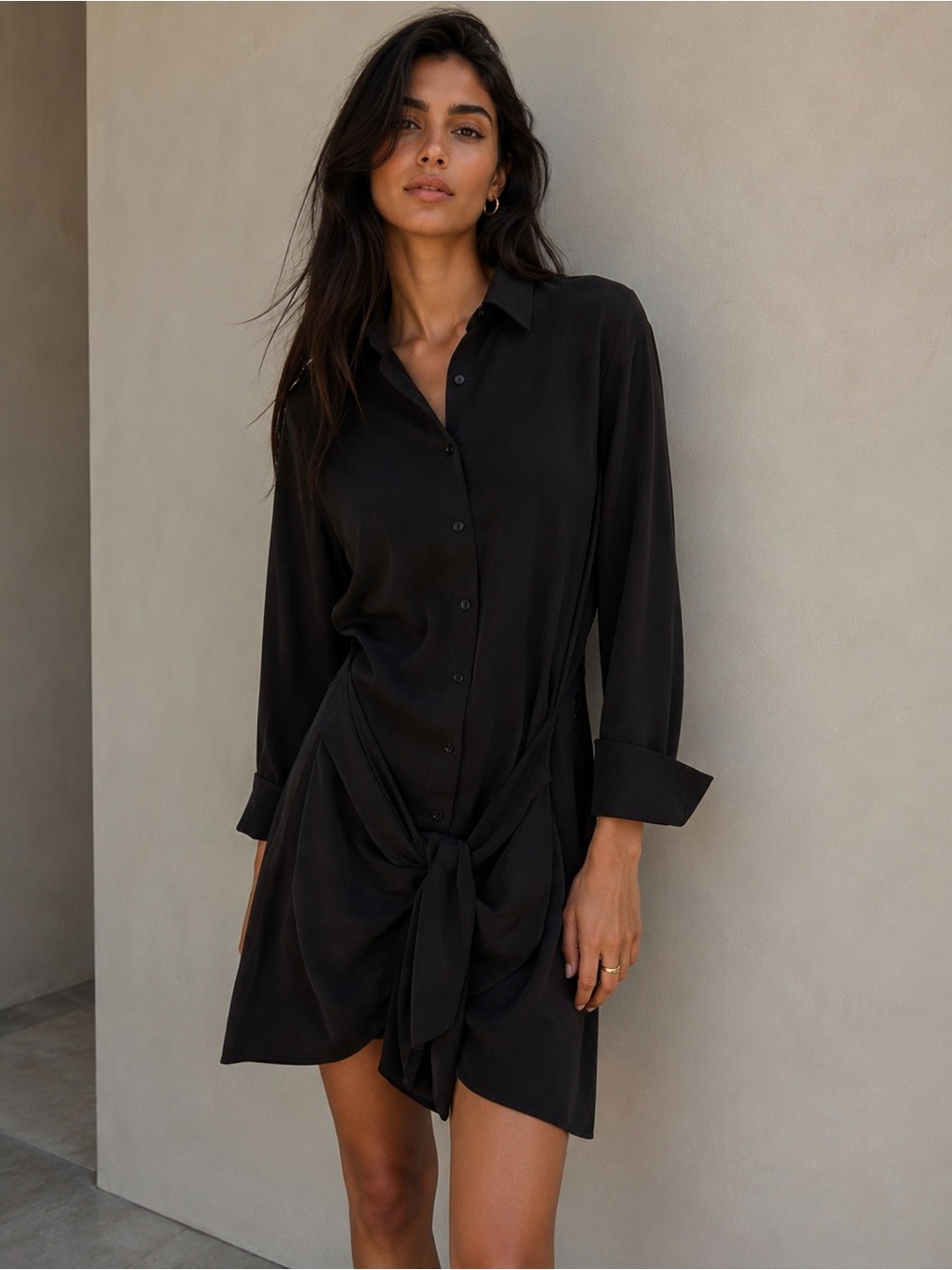 THE KOOPLES 100% Silk Tie Waist Black Shirt Dress NWT Size French 1 (US Small)